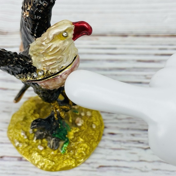 Metal Jeweled Enamel Bald Eagle Trinket Box Rhinestones - Picture 3 of 9